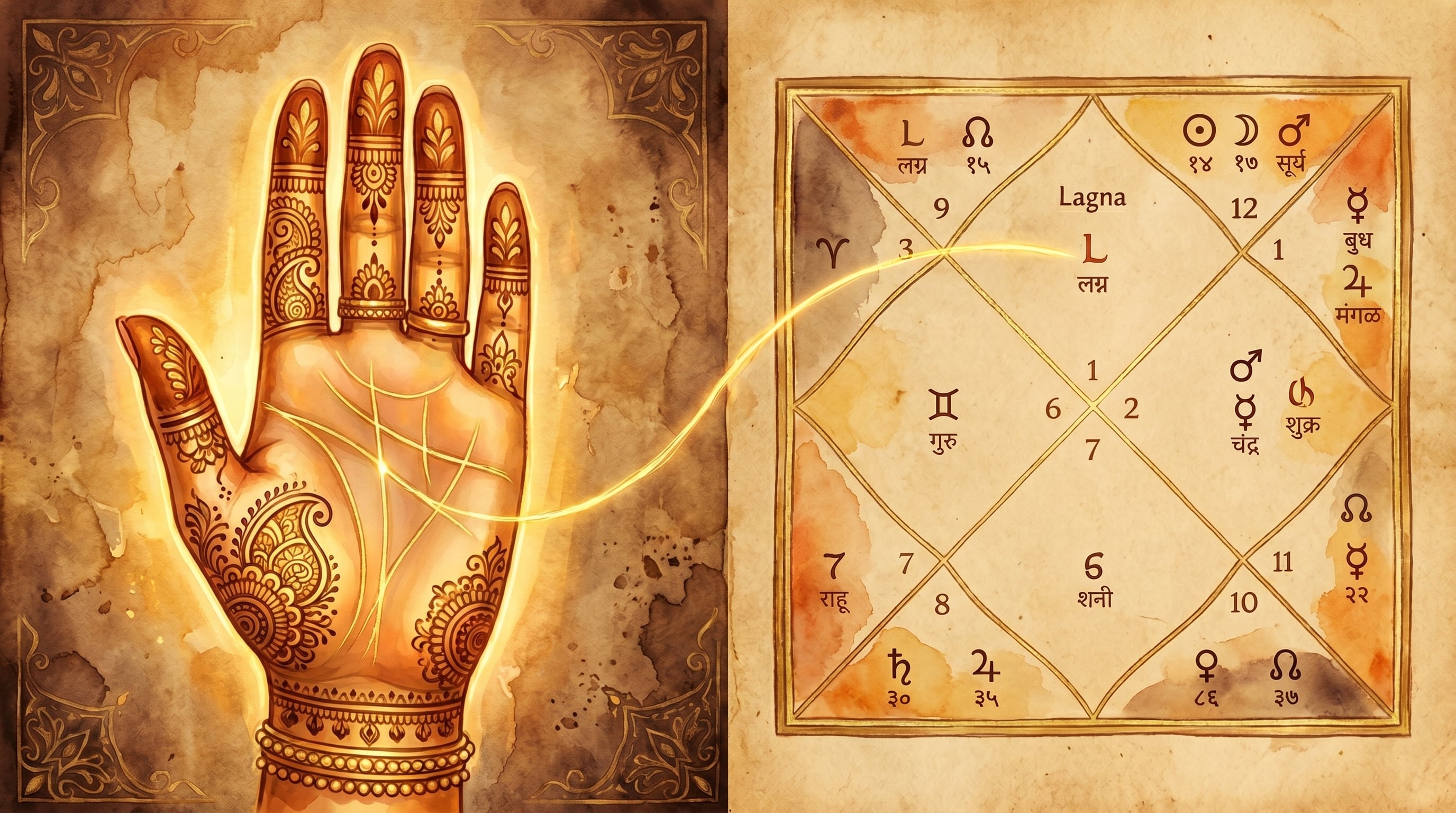 A glowing mehendi palm on the left connected by a luminous gold thread to a North-Indian kundli square on the right